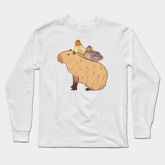 Cute capybara and chickens friends illustration Long Sleeve T-Shirt by Yarafantasyart